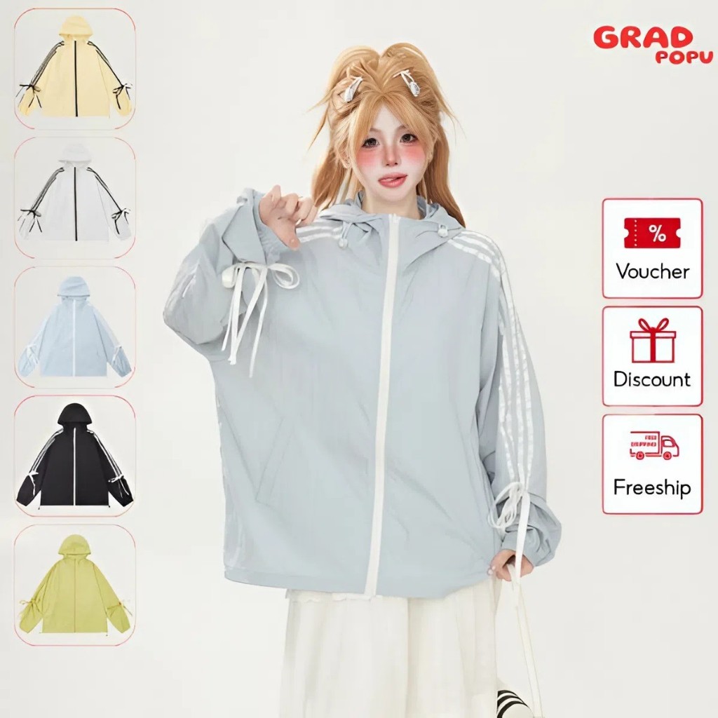 Áo chống nắng nữ GRADPOPU form rộng có mũ trùm, dây rút nơ tay phối 3 sọc thoáng khí UPF50+ PAK88