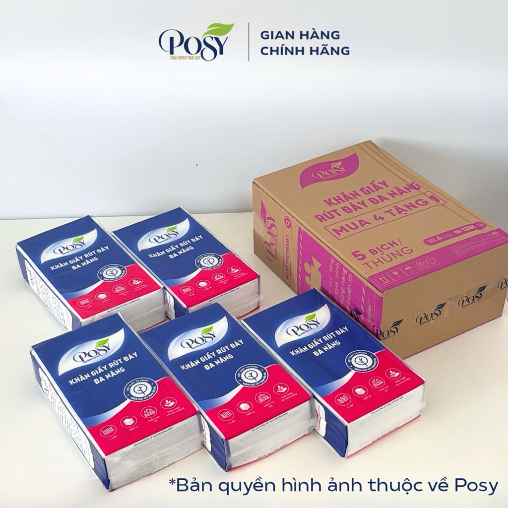 [THÙNG 5 BỊCH] - KHĂN GIẤY TREO TƯỜNG POSY thùng 4 bịch, combo 4 bịch khăn giấy rút đáy đa năng 1280 tờ 4 lớp