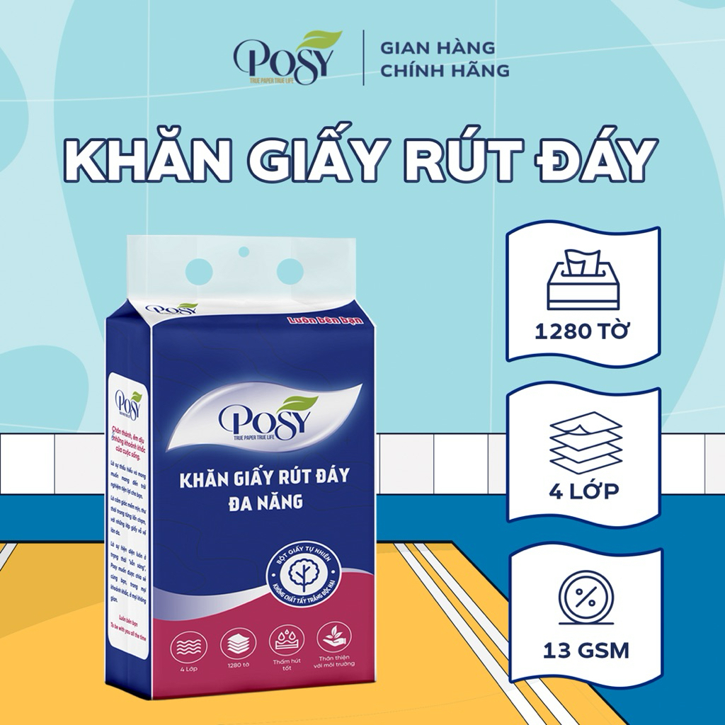 [THÙNG 5 BỊCH] - KHĂN GIẤY TREO TƯỜNG POSY thùng 4 bịch, combo 4 bịch khăn giấy rút đáy đa năng 1280 tờ 4 lớp