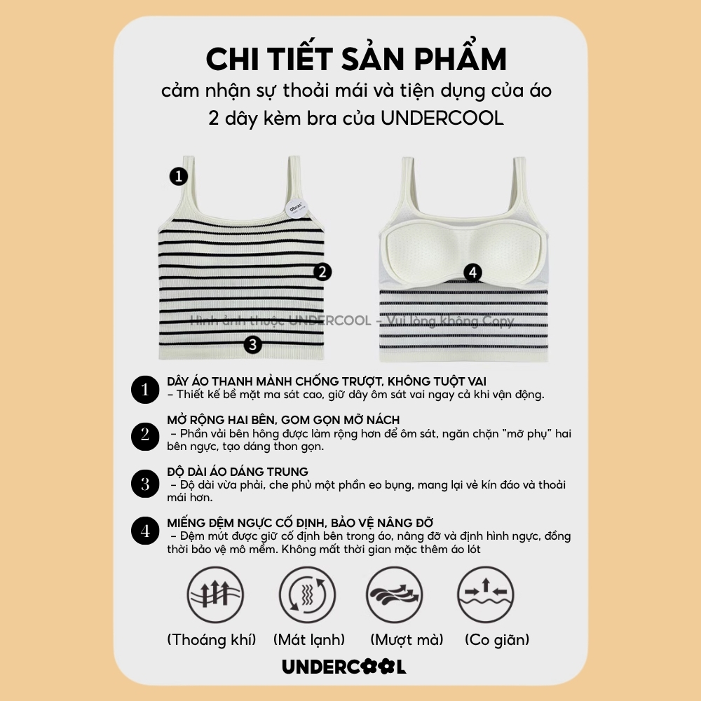 Áo thun ba lỗ 2 dây UNDERCOOL Basic khoét cổ form ôm chất vải thun tăm co giản thoải mái mát mẻ Kèm Mút Đệm Ngực ABL44