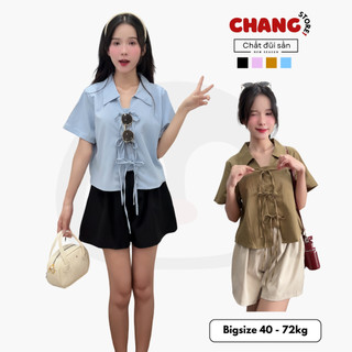Set Áo Kiểu Nữ Buộc Dây Nơ Cộc Tay Cổ Sơ Mi Dáng Ngắn Có Bigsize 40-72kg ChangStore - S30