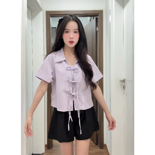 Set Áo Kiểu Nữ Buộc Dây Nơ Cộc Tay Cổ Sơ Mi Dáng Ngắn Có Bigsize 40-72kg ChangStore - S30