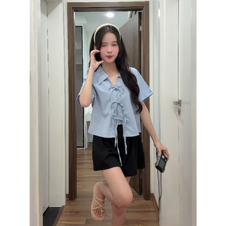 Set Áo Kiểu Nữ Buộc Dây Nơ Cộc Tay Cổ Sơ Mi Dáng Ngắn Có Bigsize 40-72kg ChangStore - S30