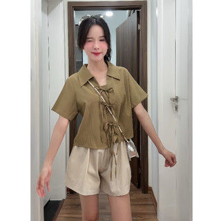 Set Áo Kiểu Nữ Buộc Dây Nơ Cộc Tay Cổ Sơ Mi Dáng Ngắn Có Bigsize 40-72kg ChangStore - S30