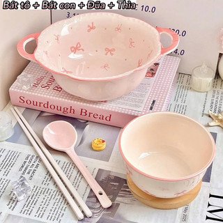 Set bát tô sứ 4 món siêu xinh hoạ tiết nơ hồng