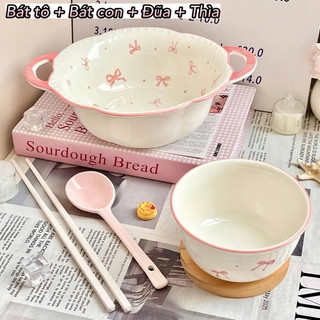 Set bát tô sứ 4 món siêu xinh hoạ tiết nơ hồng