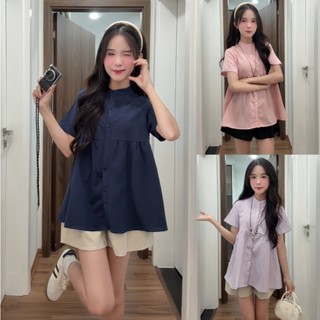 Set áo sơ mi cổ tàu tay ngắn dáng babydoll kèm cúc dọc thân HaChang - S120