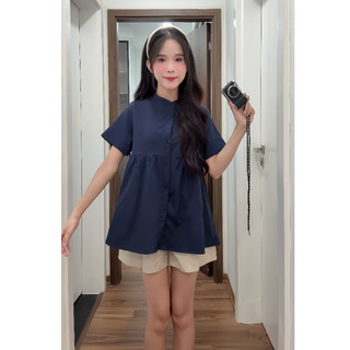 Set áo sơ mi cổ tàu tay ngắn dáng babydoll kèm cúc dọc thân HaChang - S120