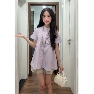 Set áo sơ mi cổ tàu tay ngắn dáng babydoll kèm cúc dọc thân HaChang - S120