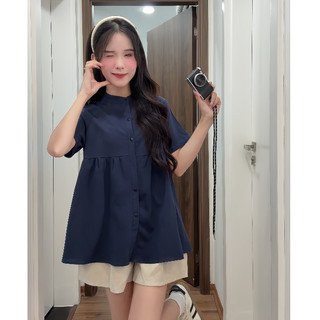 Set áo sơ mi cổ tàu tay ngắn dáng babydoll kèm cúc dọc thân dễ thương ChangStore - S120