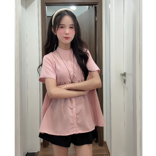Set áo sơ mi cổ tàu tay ngắn dáng babydoll kèm cúc dọc thân dễ thương ChangStore - S120