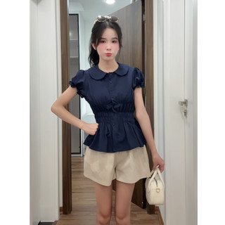 Áo sơ mi cổ sen 1 lớp tay bo cộc tay chun eo 3 hàng phối dây nơ buộc sau HaChang - A63