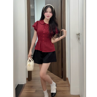 Áo sơ mi cổ sen 1 lớp tay bo cộc tay chun eo 3 hàng phối dây nơ buộc sau HaChang - A63