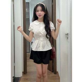 Áo sơ mi cổ sen 1 lớp tay bo cộc tay chun eo 3 hàng phối dây nơ buộc sau HaChang - A63