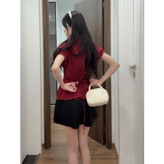 Áo sơ mi cổ sen 1 lớp tay bo cộc tay chun eo 3 hàng phối dây nơ buộc sau HaChang - A63