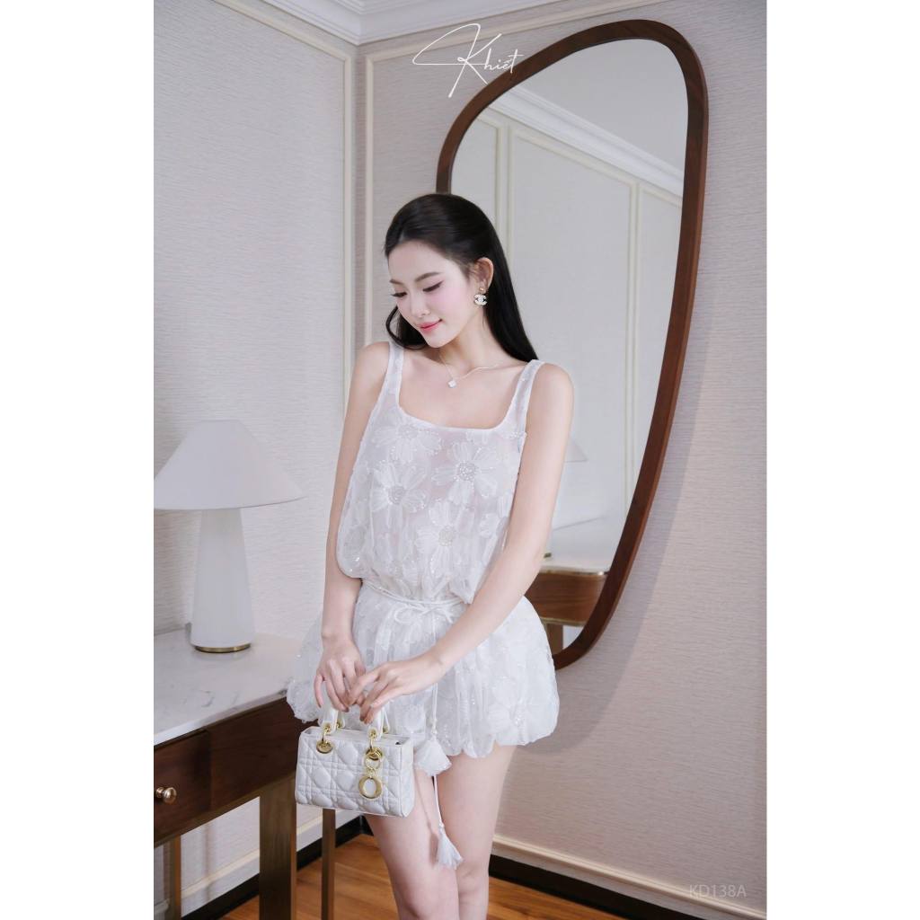 Đầm bí KHIẾT ren hồng/trắng đính kim sa lấp lánh phối cùng belt dây hoa nhúng eo quyến rũ, trendy KD138 và KD138A