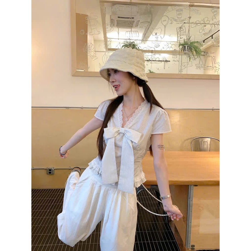 Áo sơ mi kẻ nữ cổ V viền ren Thanhhuyenclothings2 thắt eo tôn dáng