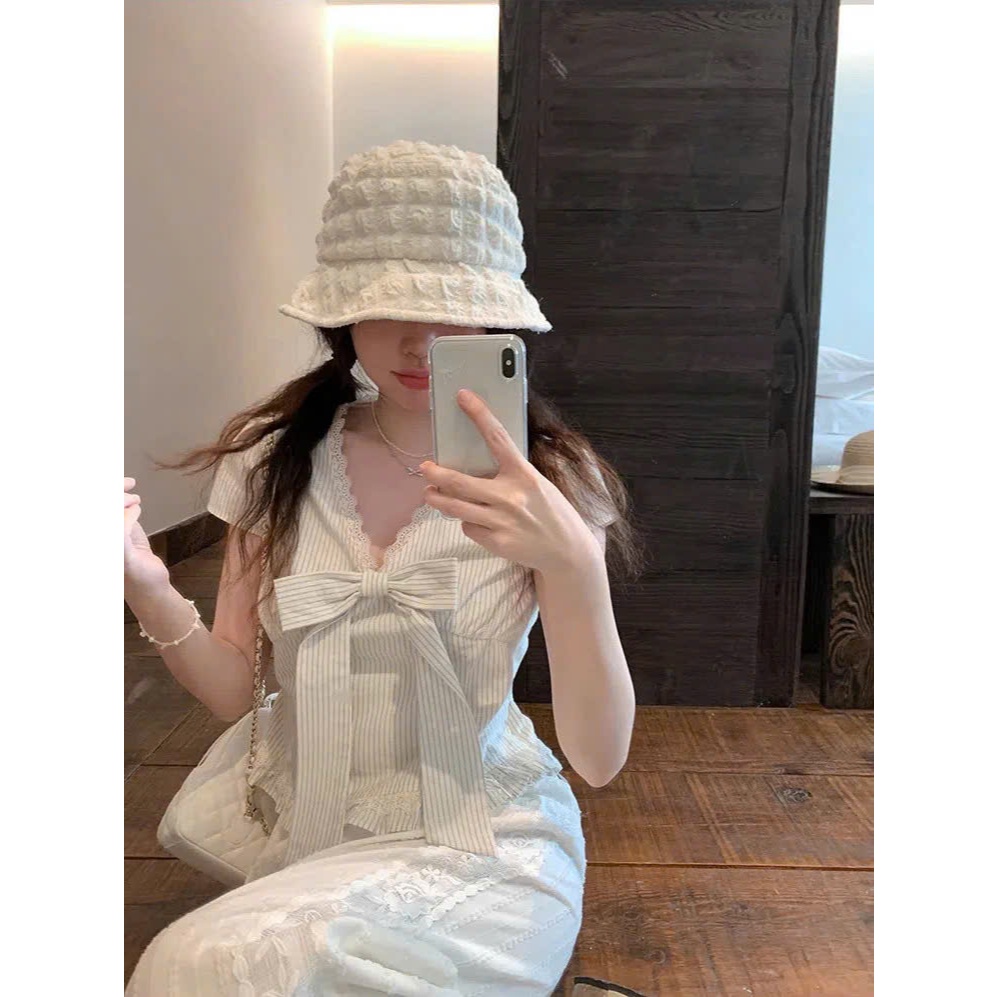 Áo sơ mi kẻ nữ cổ V viền ren Thanhhuyenclothings2 thắt eo tôn dáng