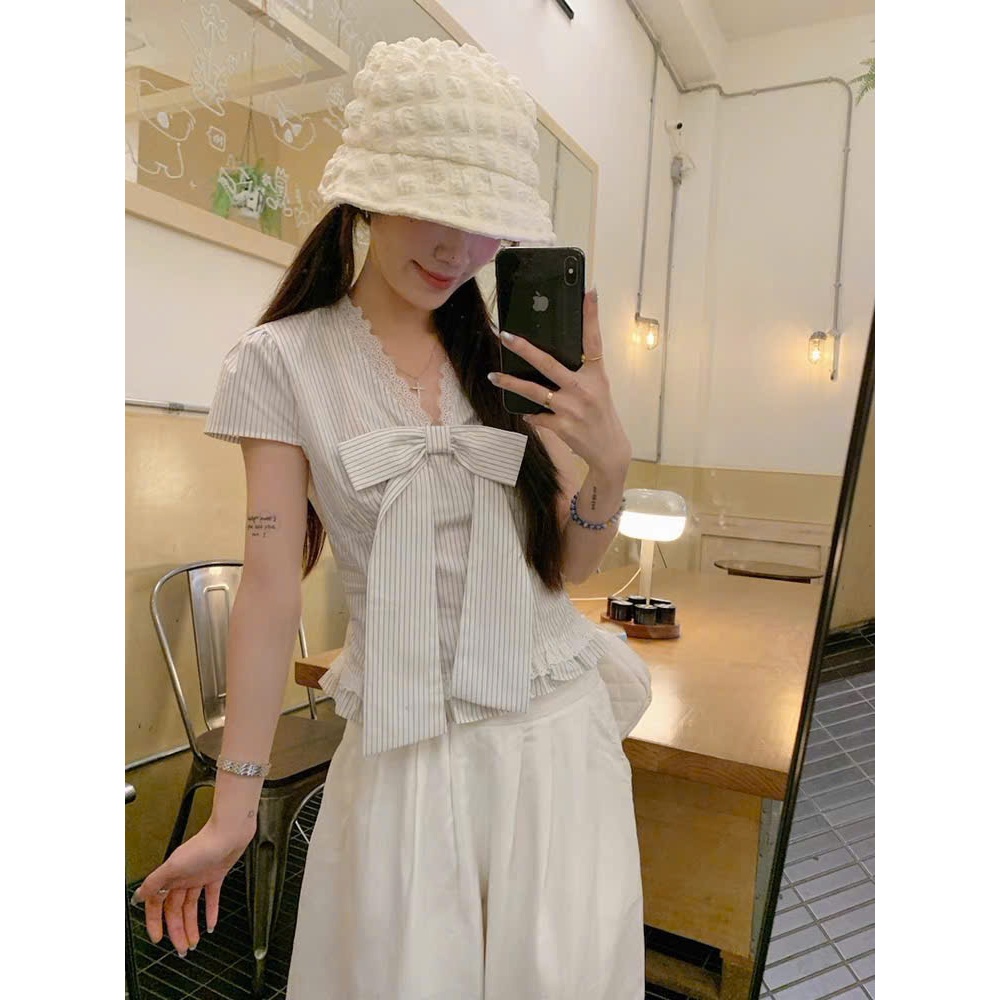 Áo sơ mi kẻ nữ cổ V viền ren Thanhhuyenclothings2 thắt eo tôn dáng