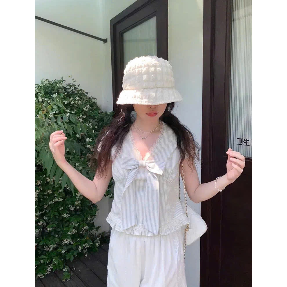 Áo sơ mi kẻ nữ cổ V viền ren Thanhhuyenclothings2 thắt eo tôn dáng