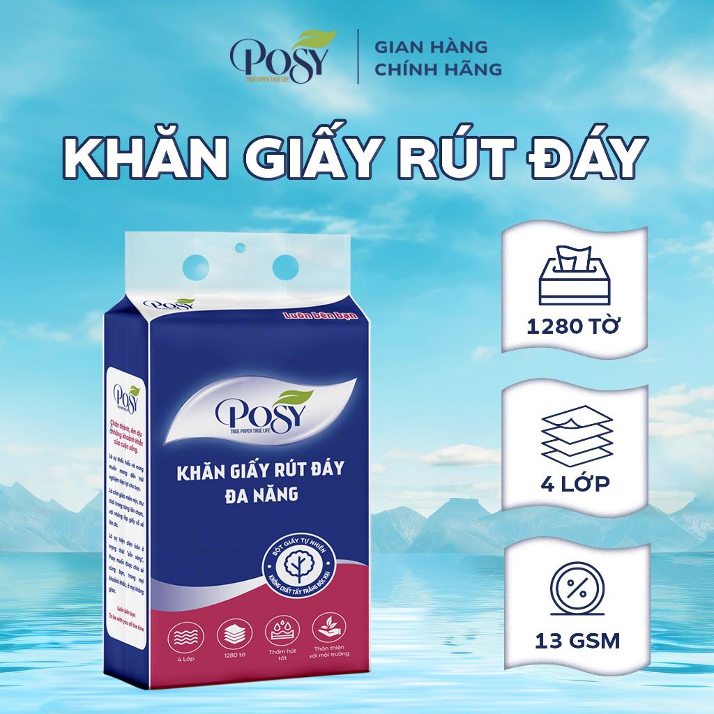 POSY_THÙNG 5 BỊCH KHĂN GIẤY RÚT ĐÁY ĐA NĂNG POSY 1280 TỜ 4 LỚP MỀM MỊN SIÊU TIẾT KIỆM