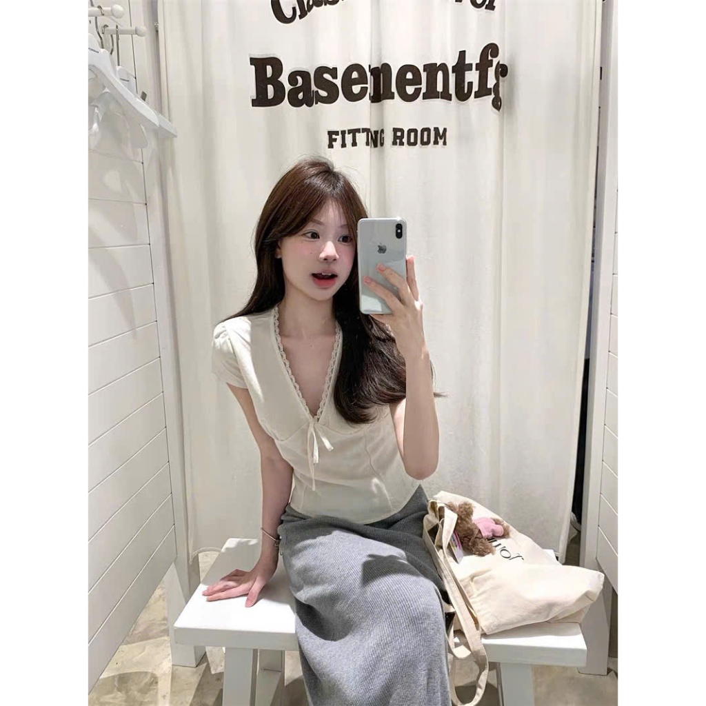 áo sơ mi nữ cộc cổ V thiết kế ren Thanhhuyenclothings2 thắt nơ 004