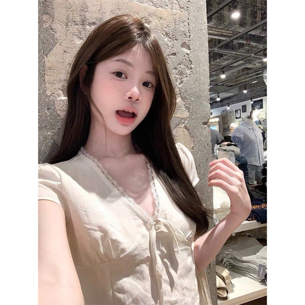 áo sơ mi nữ cộc cổ V viền ren thắt nơ nhỏ Thanhhuyenclothing phong cách kiểu hàn quốc 004