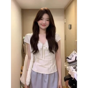 áo sơ mi nữ cộc cổ V thiết kế ren Thanhhuyenclothings2 thắt nơ 004