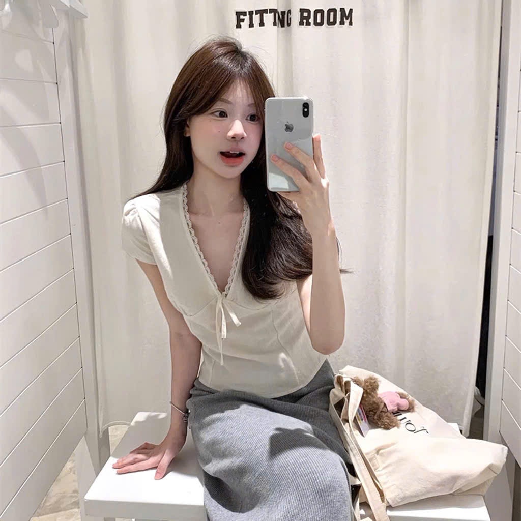 áo sơ mi nữ cộc cổ V thiết kế ren Thanhhuyenclothings2 thắt nơ 004