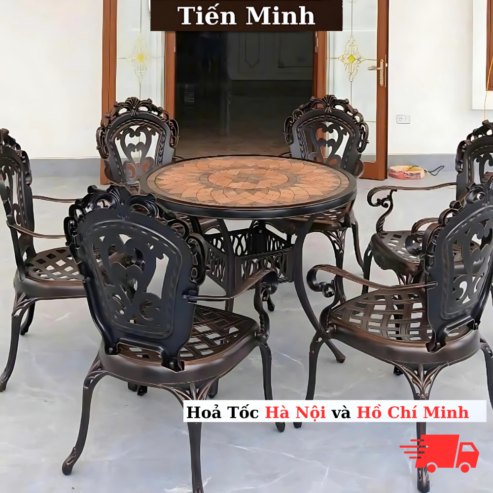 Bộ bàn ghế ban công ngoài trời Tròn Nhôm đúc Mặt đá gốm Bàn ghế sân vườn ngoài trời cực đẹp - HP42