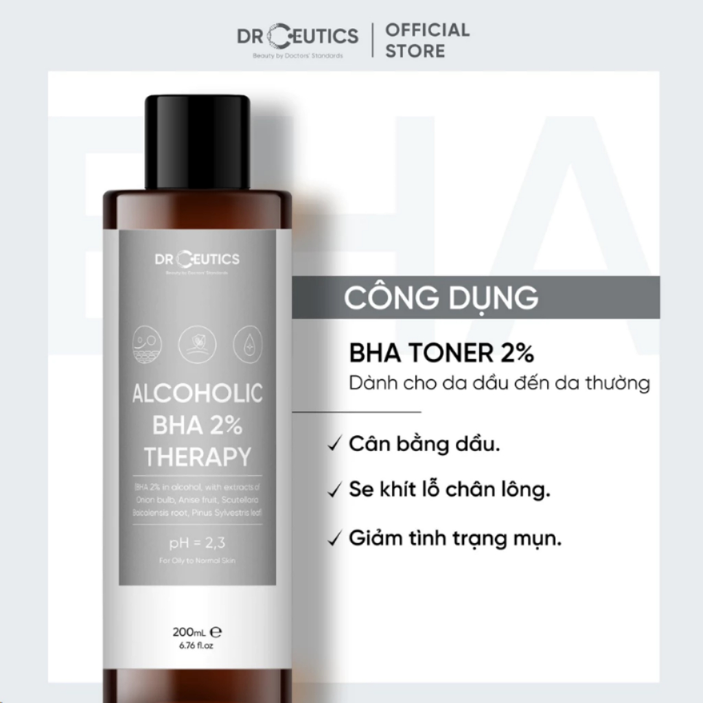Toner Làm Sạch Và Cân Bằng Da DrCeutics BHA 2% Chai - 100ml/200ml