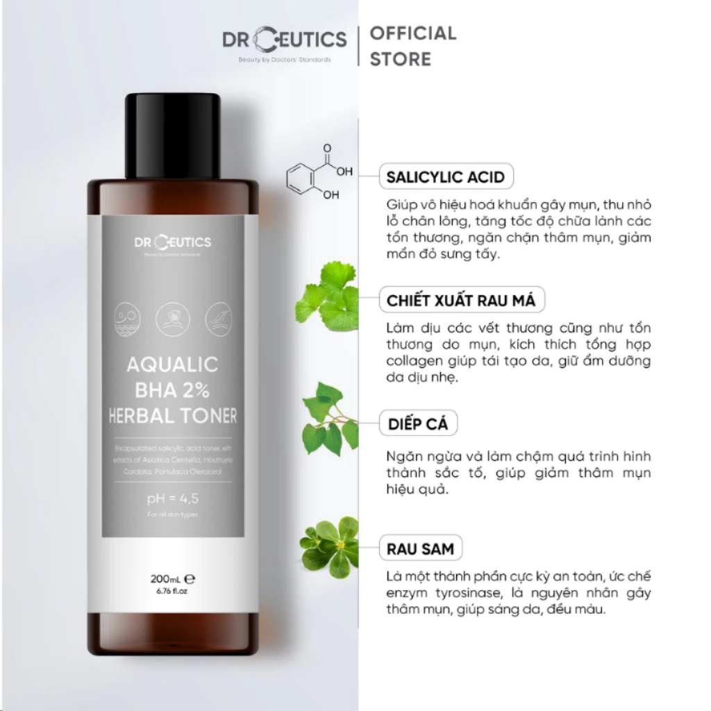 Toner Làm Sạch Và Cân Bằng Da DrCeutics BHA 2% Chai - 100ml/200ml