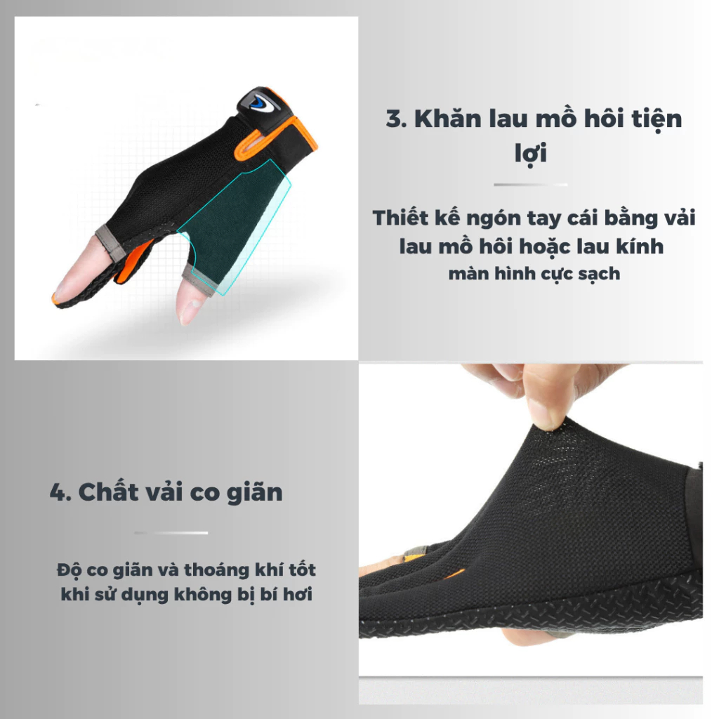 Găng tay xe máy hở ngón co giãn, chống trượt, thoáng mát dùng tập gym, phượt, đi chơi ngoài trời GT02