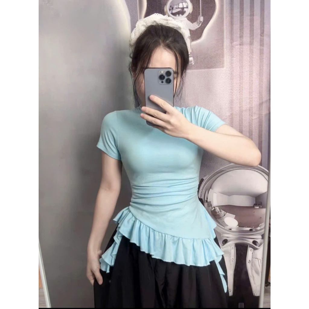(SẴN HÀNG- Xs-3xl) ÁO CỔ TRÒN BÈO- Tay ngắn, chất ríp lụa mịn có nhún eo, phối  bèo, bacsic dễ mặc