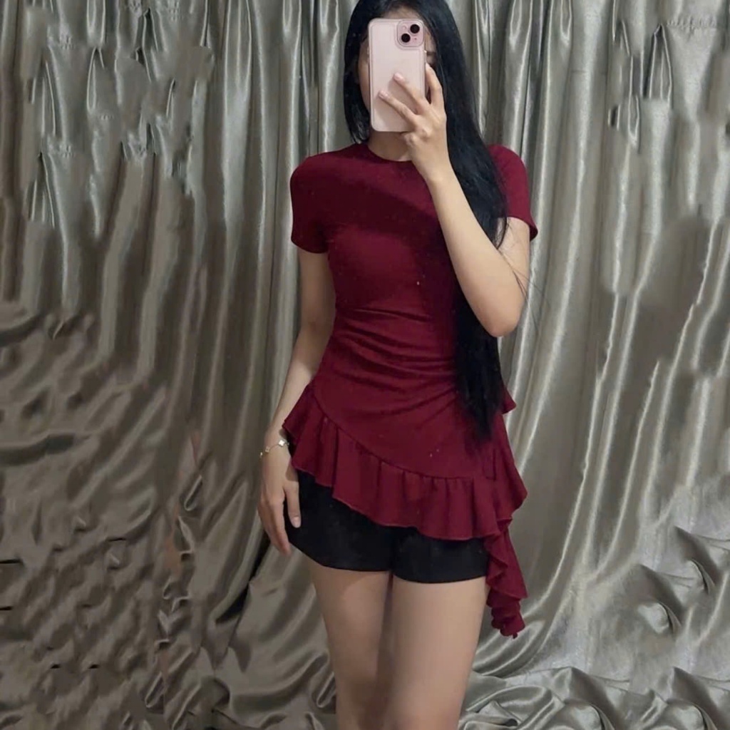 (SẴN HÀNG- Xs-3xl) ÁO CỔ TRÒN BÈO- Tay ngắn, chất ríp lụa mịn có nhún eo, phối  bèo, bacsic dễ mặc