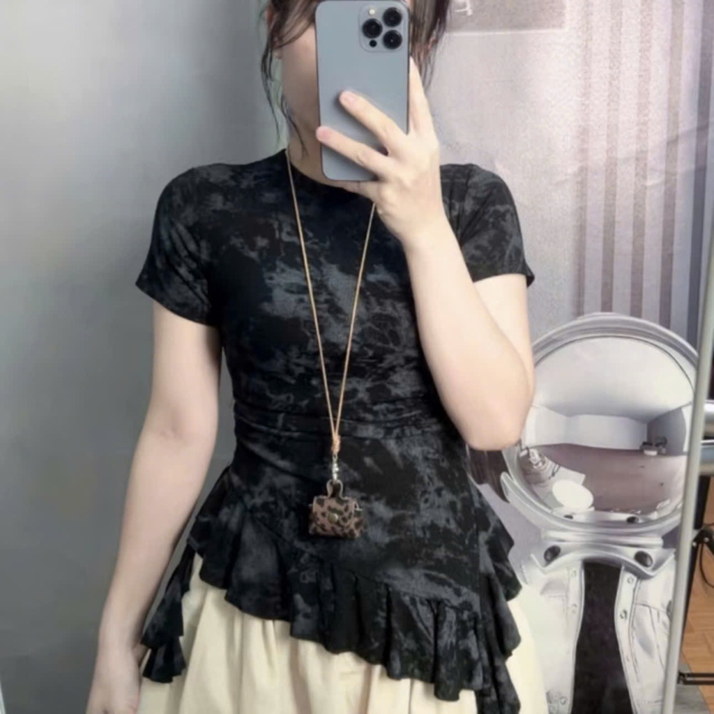 (SẴN HÀNG- Xs-3xl) ÁO CỔ TRÒN BÈO- Tay ngắn, chất ríp lụa mịn có nhún eo, phối  bèo, bacsic dễ mặc