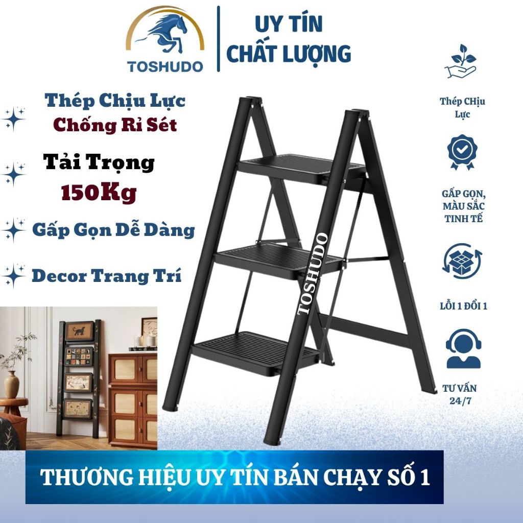 Thang Chữ A Gấp Gọn 2 - 3 - 4 - 5 Bậc TOSHUDO , Thép Chịu Lực , Chân Đế CaoSU CHống Trơn Trượt