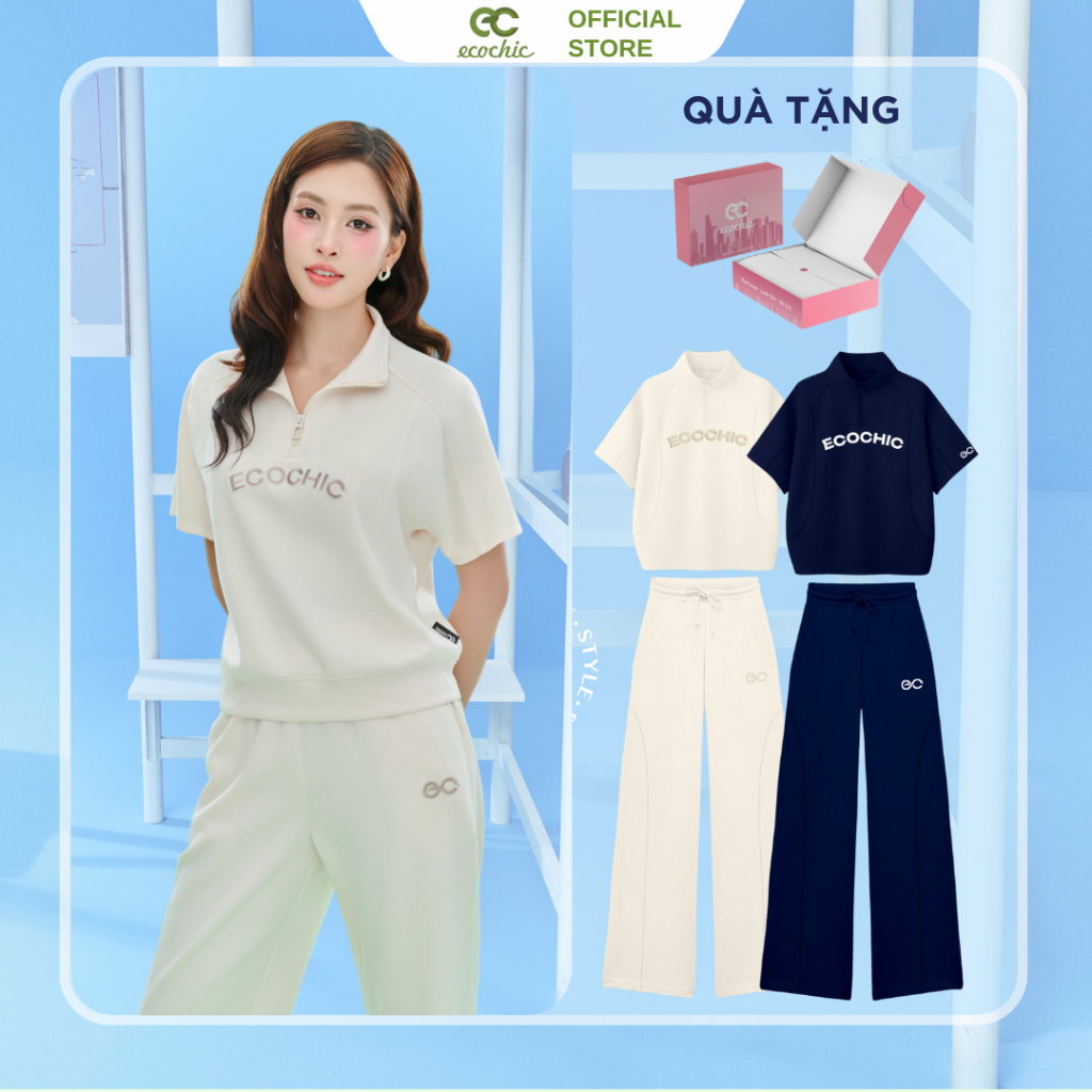 Set Bộ Polo ECOCHIC B142 FRERCE WINK SET Áo Cổ Cao Halfzip Quần Dài Cạp Cao Phối Logo EC Cao Cấp Chính Hãng