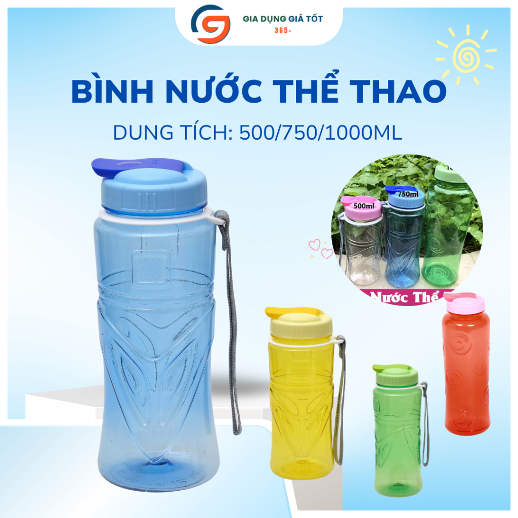 Bình nước thể thao nắp bật có dây, dung tích 500ml 750ml 1000ml, bình nhựa uống nước đi học, du lịch