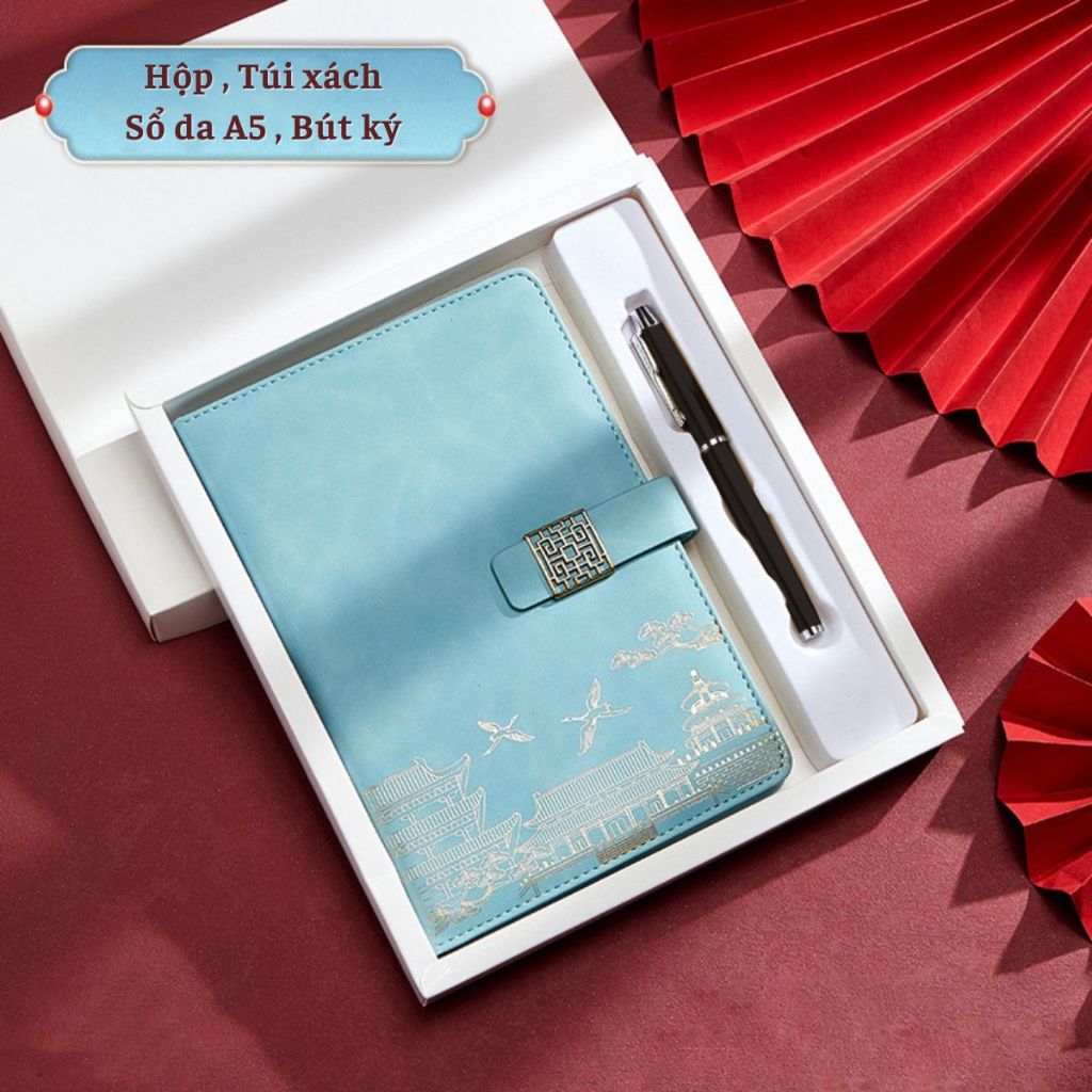 Bộ quà tặng Sổ Tay và Bút ký họa tiết Á Đông sang trọng - Hộp quà có túi đựng