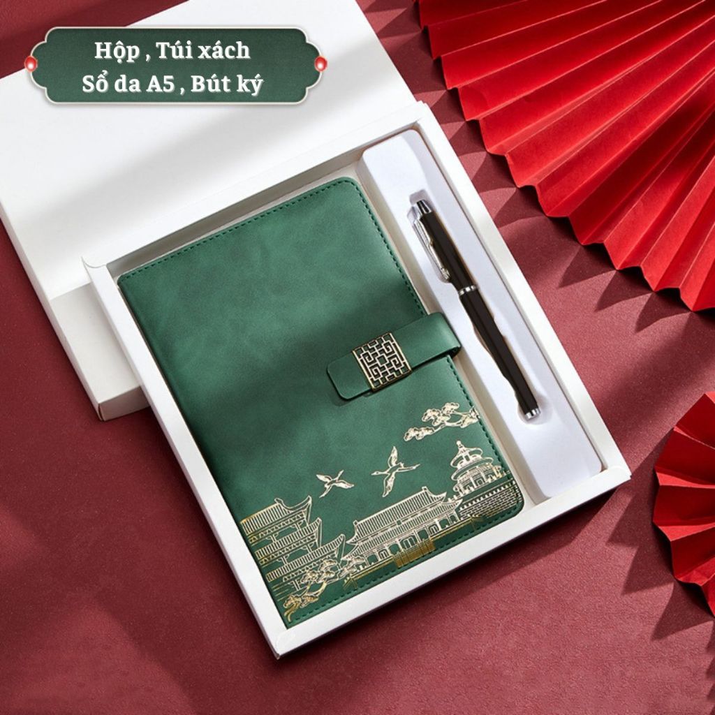 Bộ quà tặng Sổ Tay và Bút ký họa tiết Á Đông sang trọng - Hộp quà có túi đựng