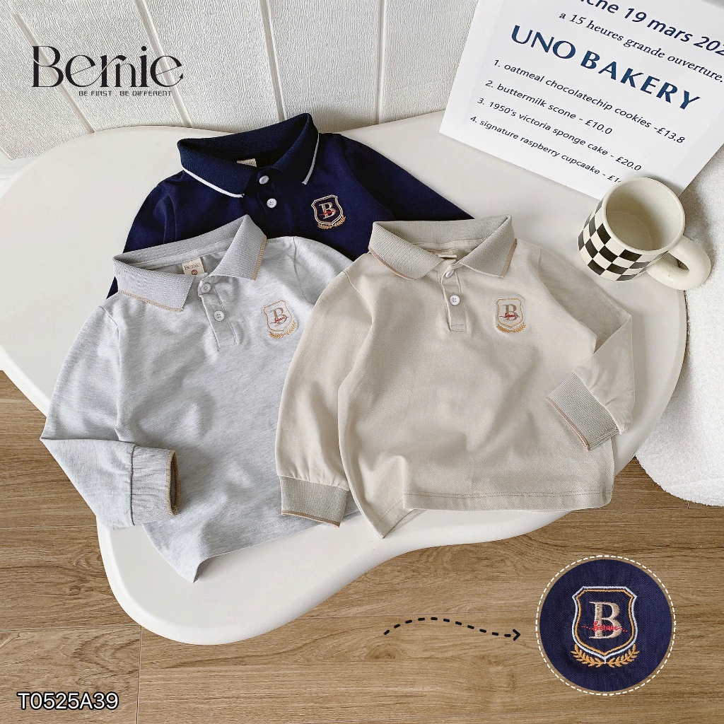 Áo polo dài tay bé trai thêu Logo B Bernie - Áo thu đông bé trai 9-26kg - T0525A39
