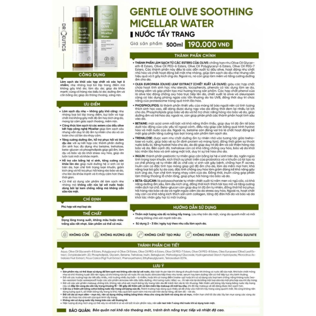 DRCEUTICS Nước Tẩy Trang Ultra-mild OLIVE Cleansing Water Cho Mọi Loại Da, Da Nhạy Cảm 310ml 480ml 500ml