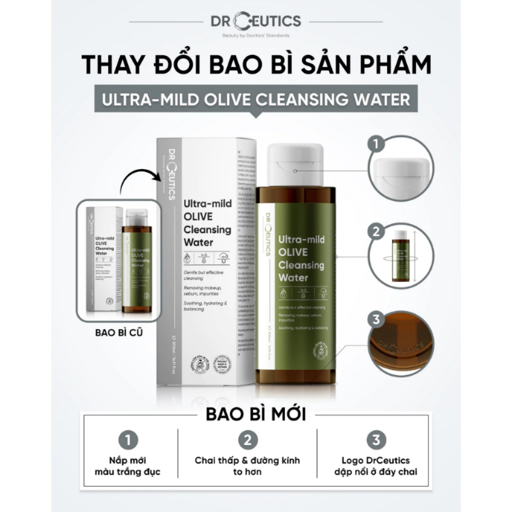 DRCEUTICS Nước Tẩy Trang Ultra-mild OLIVE Cleansing Water Cho Mọi Loại Da, Da Nhạy Cảm 310ml 480ml 500ml