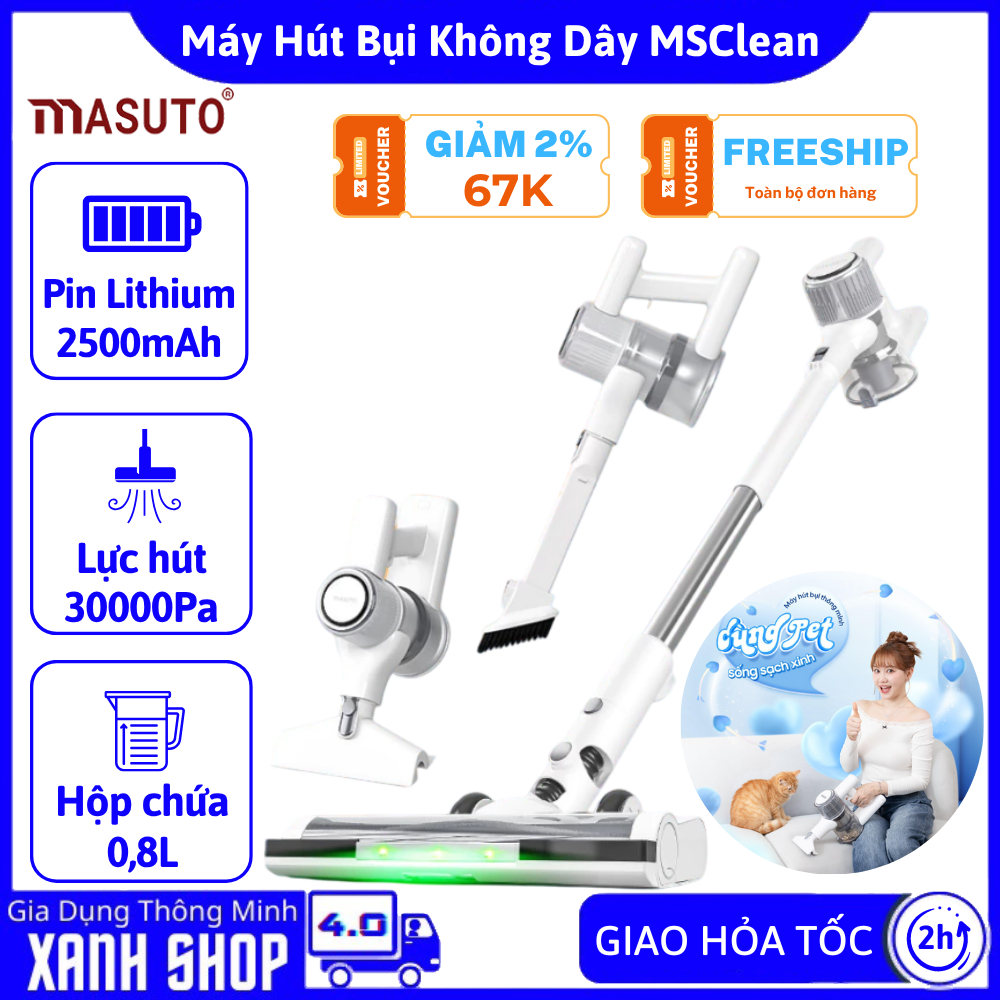 Máy Hút Bụi Cầm Tay Không Dây MASUTO MSClean, Lực Hút 30000Pa, Hệ Thống ...
