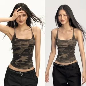 Áo hai dây hoạ tiết rằn ri camo chữ đính đá cá tính chất cotton co giãn AHD005 - Tiktik