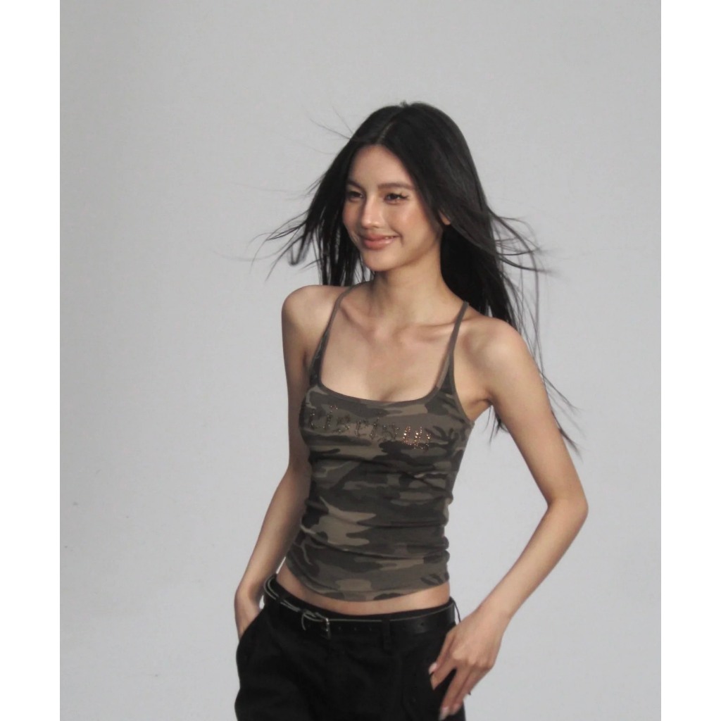 (sẵn)Áo hai dây hoạ tiết rằn ri camo chữ đính đá cá tính chất cotton co giãn AHD005 - Tiktik