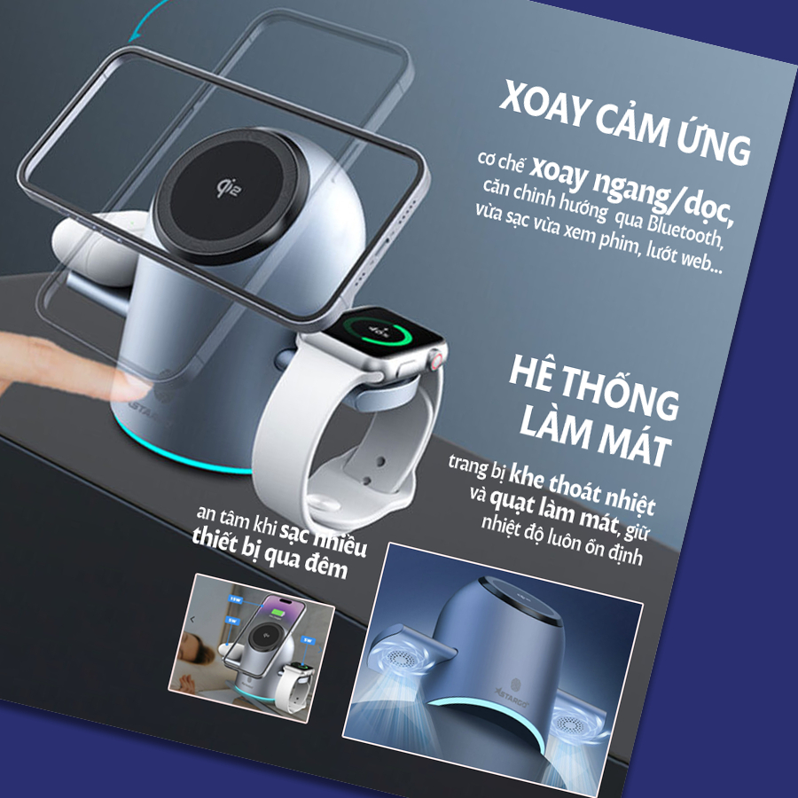 Sạc không dây để bàn - Sạc đa thiết bị, Tích hợp loa phát nhạc, Màn hình hiển thị thông minh, Cảm ứng bluetooth