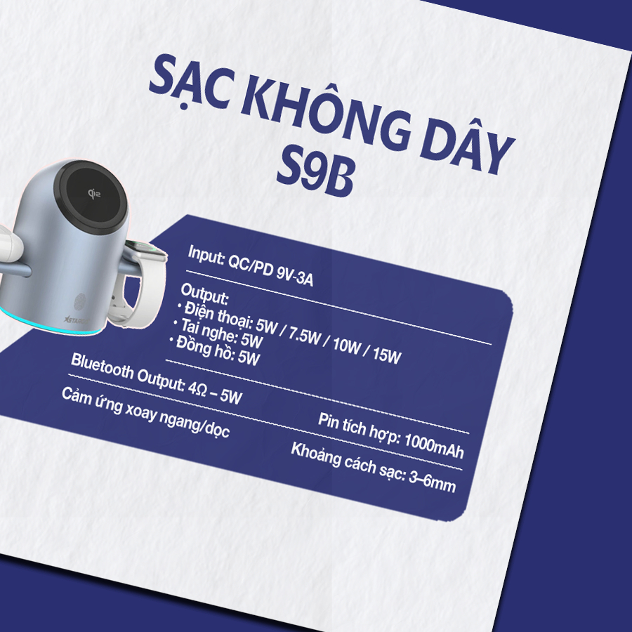 Sạc không dây để bàn - Sạc đa thiết bị, Tích hợp loa phát nhạc, Màn hình hiển thị thông minh, Cảm ứng bluetooth