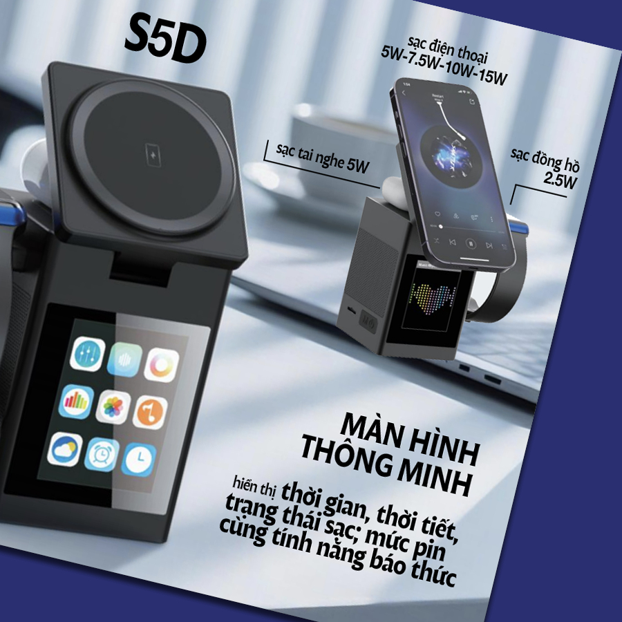 Sạc không dây để bàn - Sạc đa thiết bị, Tích hợp loa phát nhạc, Màn hình hiển thị thông minh, Cảm ứng bluetooth